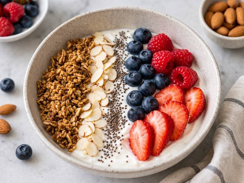 Low calorie Greek yogurt bowl with fresh berries, chia seeds, granola, and nuts