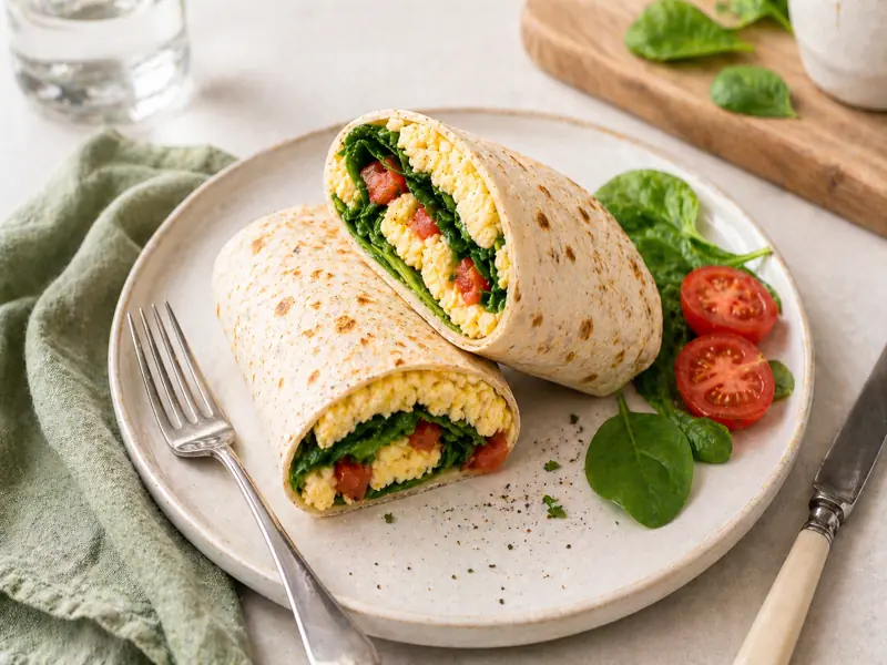 low calorie spinach egg breakfast wrap served on plate with fork and vegetables