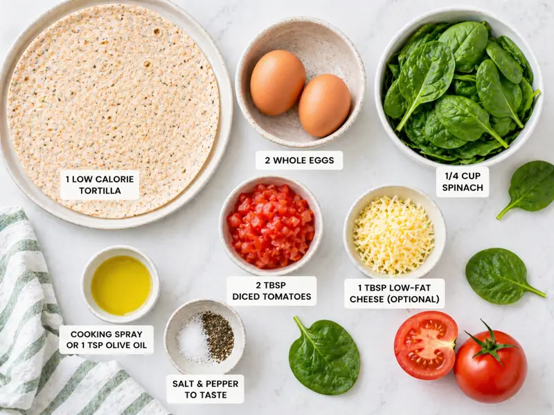 ingredients for low calorie spinach egg breakfast wrap with labeled items