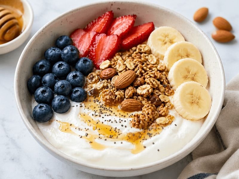 low calorie Greek yogurt bowl with berries, granola, and nuts