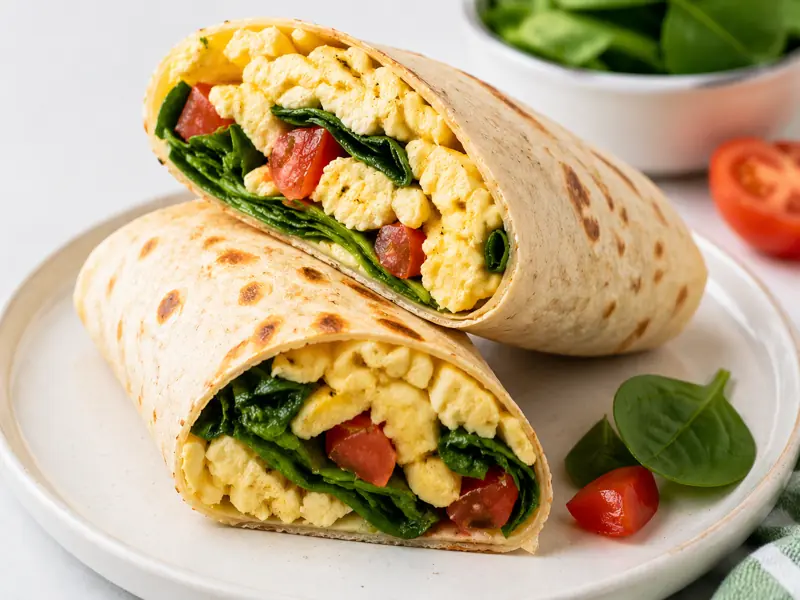 close up of low calorie spinach egg breakfast wrap with eggs and vegetables