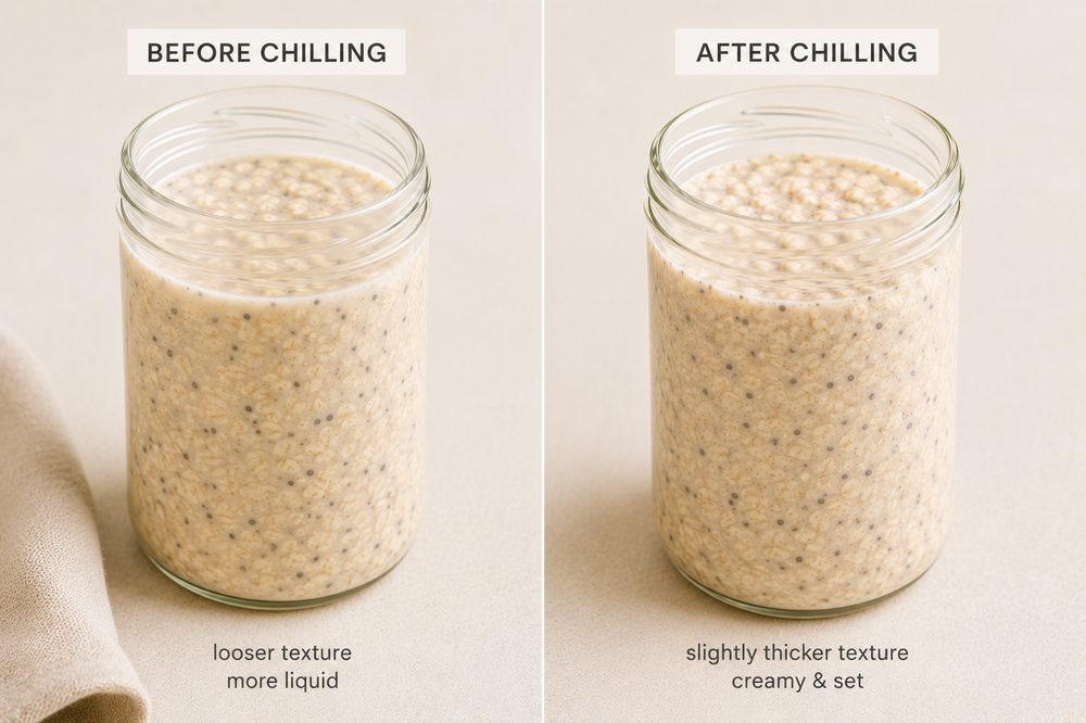 Banana overnight oats before and after chilling overnight in the fridge