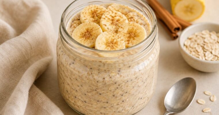 Low calorie banana overnight oats in a glass jar topped with banana slices and cinnamon