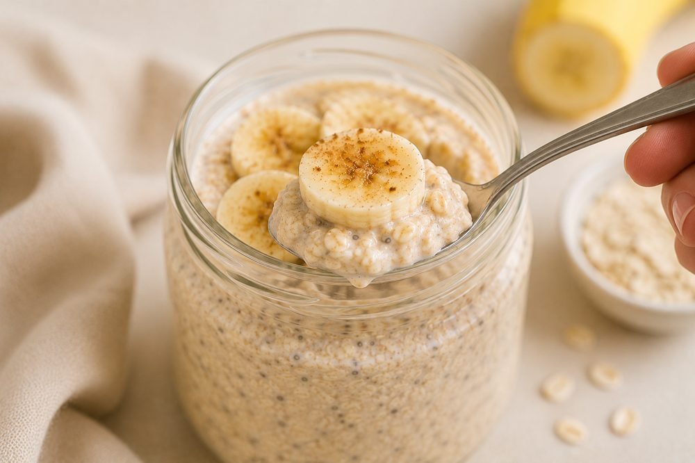 Spoonful of creamy banana overnight oats with banana slices and cinnamon