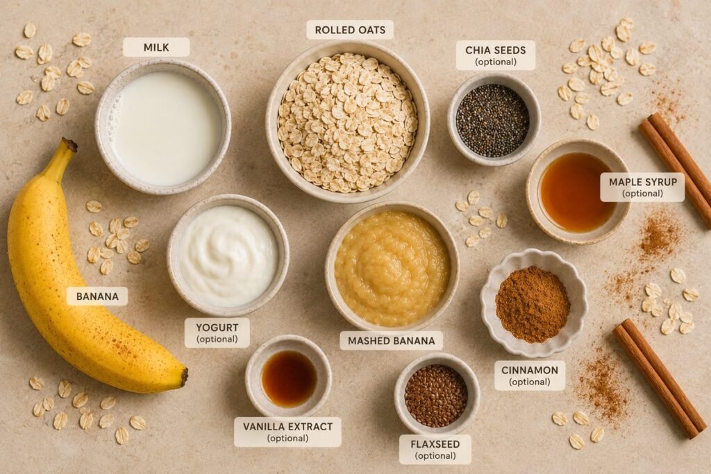 Ingredients for banana overnight oats including oats, banana, yogurt, milk, chia seeds, and cinnamon
