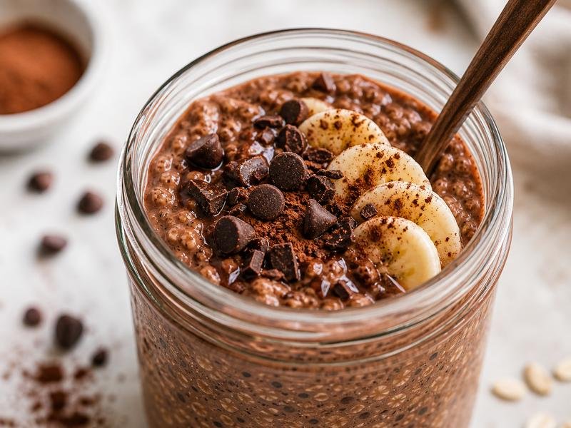high protein chocolate overnight oats in a jar with cocoa and chocolate chips