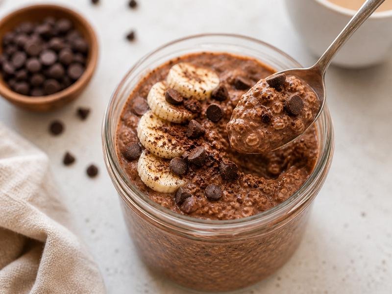 spoonful of chocolate overnight oats with banana and chocolate chips