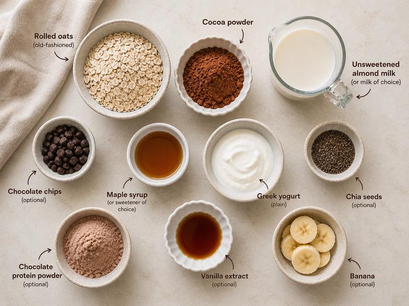 ingredients for chocolate overnight oats including oats cocoa powder yogurt and milk