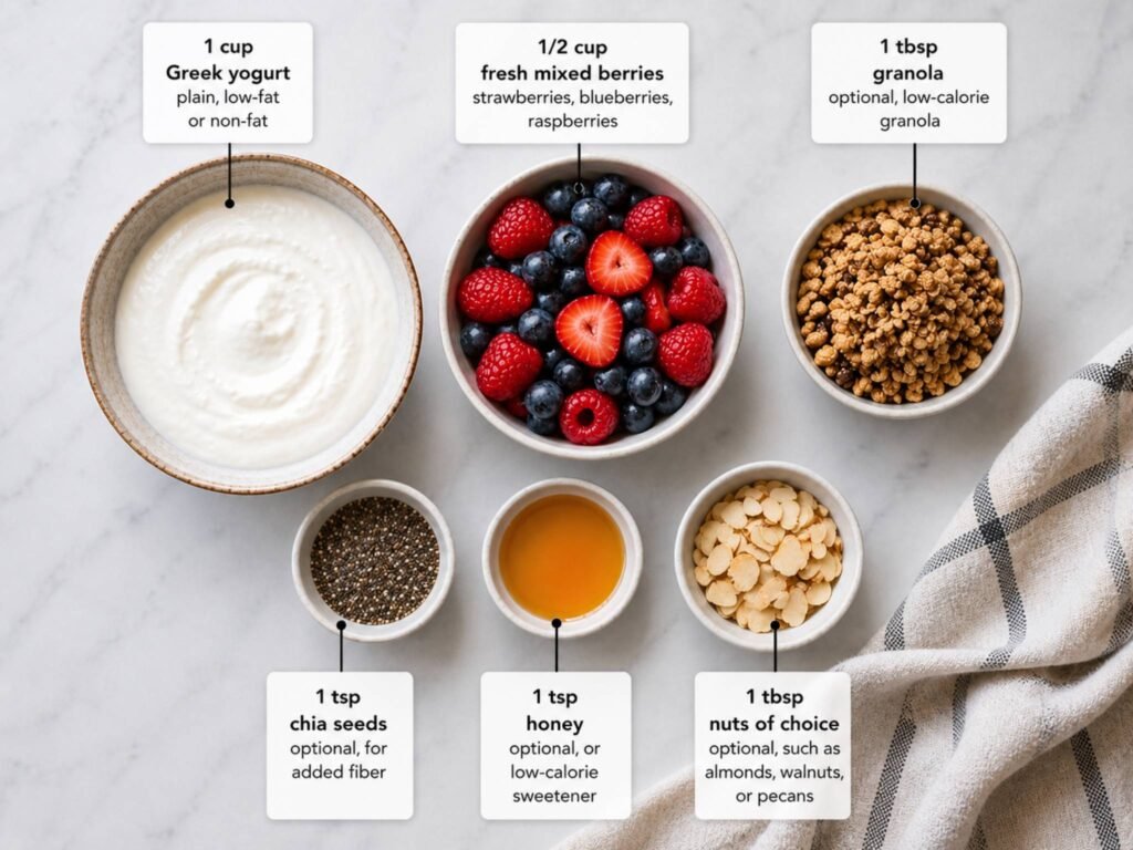 Ingredients for a low calorie Greek yogurt bowl including yogurt, berries, granola, chia seeds, honey, and nuts
