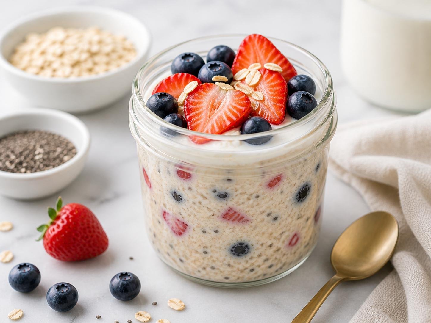 Creamy overnight oats with Greek yogurt and berries in a glass jar