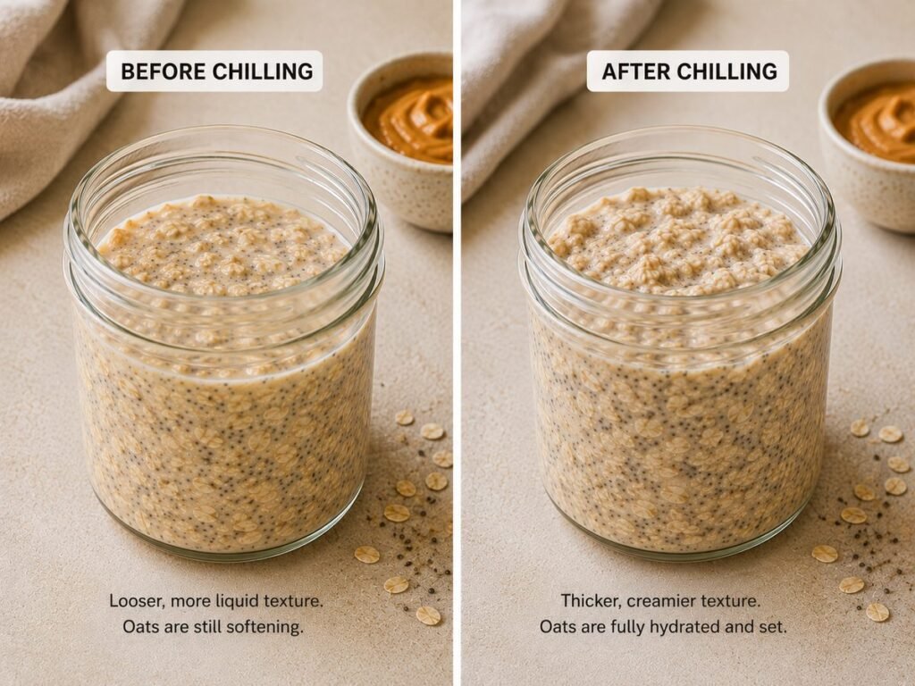 Comparison of peanut butter overnight oats before and after chilling overnight