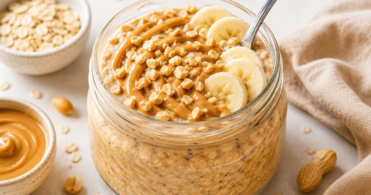 Peanut butter overnight oats with banana slices and peanut butter drizzle in a glass jar