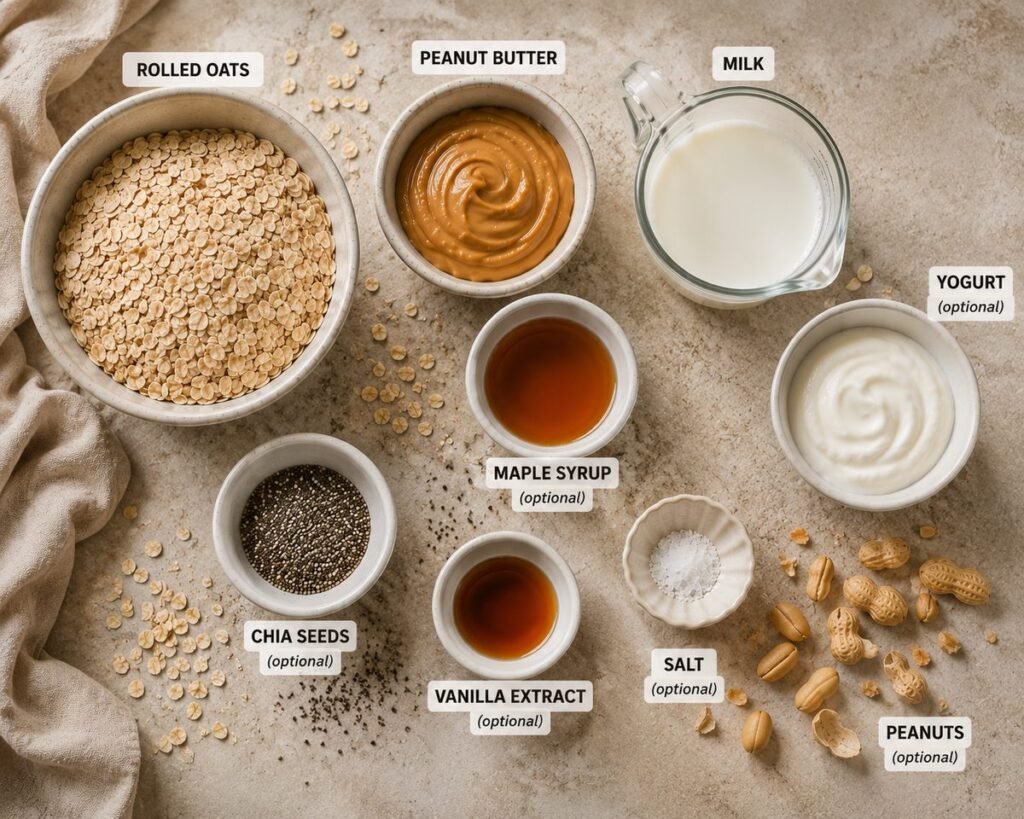Ingredients for peanut butter overnight oats arranged on a countertop