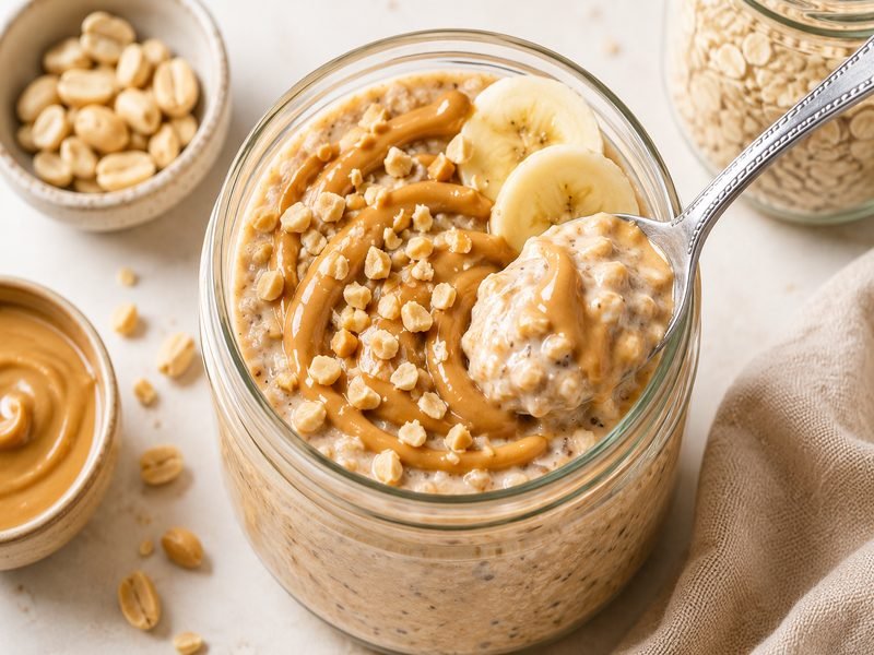 Peanut butter overnight oats ready to eat with banana slices and peanut butter topping