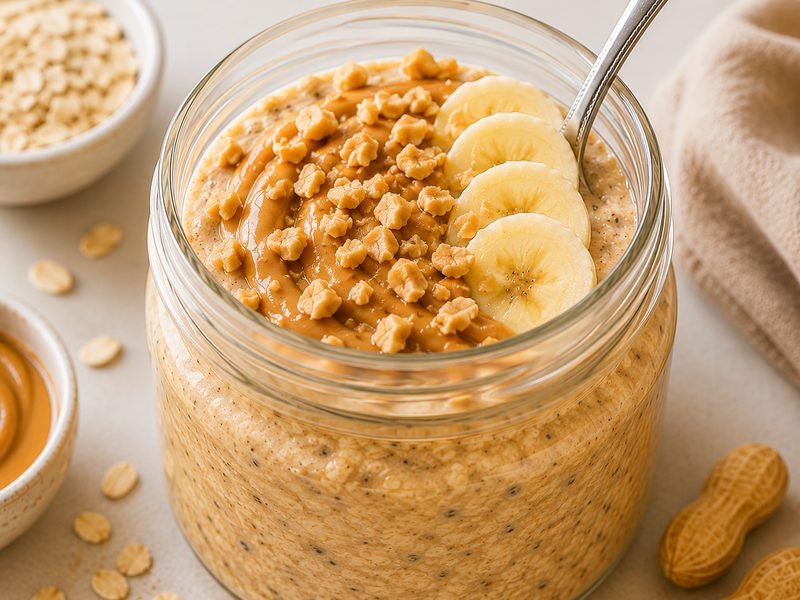 Creamy peanut butter overnight oats topped with banana slices and chopped peanuts