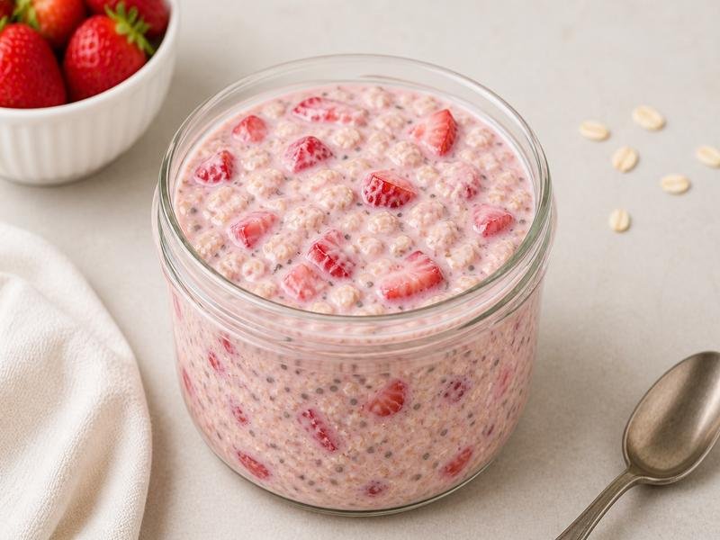 strawberry overnight oats mixture before chilling showing oats milk and strawberries