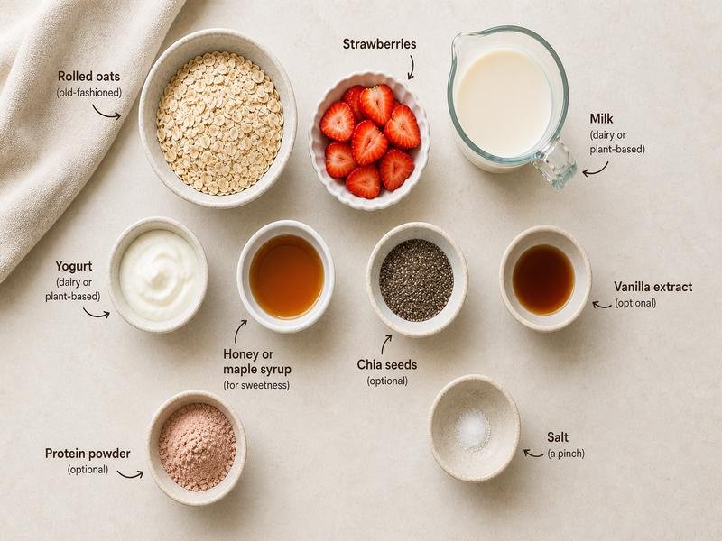 ingredients for strawberry overnight oats including oats yogurt milk strawberries and chia seeds