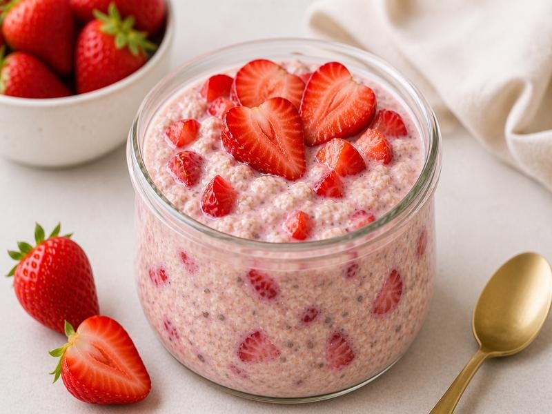 strawberry overnight oats ready to eat with fresh strawberries on top