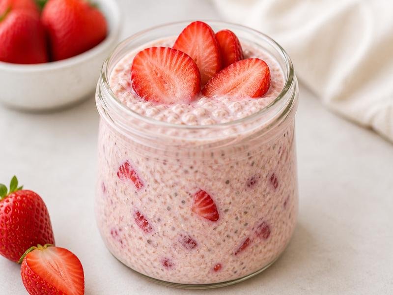 creamy strawberry overnight oats ready to eat in a glass jar